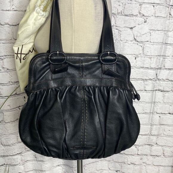 Cole Haan Soft Leather Hobo Purse Shoulder Bag Black Two Handle Pockets Dust Bag - Picture 3 of 13